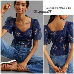 Anthropologie Blue Puff Sleeve Fitted Blouse